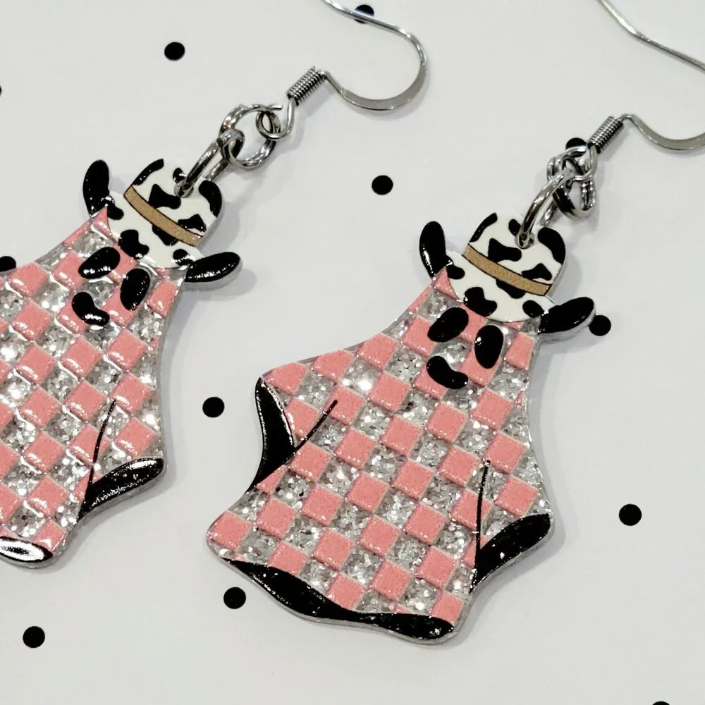 Pink Checkered Cowboy Ghost Earrings Stainless Steel Hooks Western Halloween NEW - Picture 3 of 7